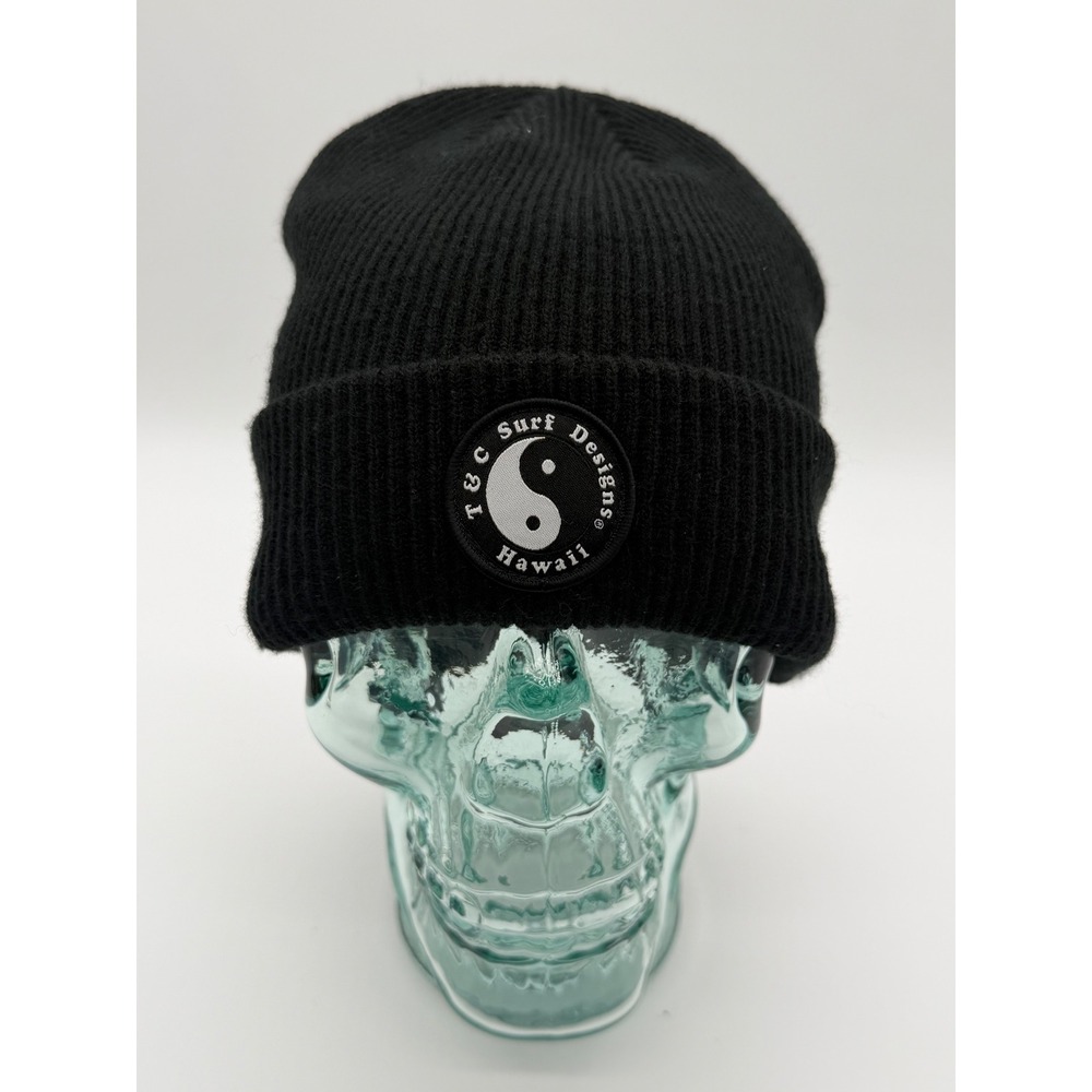 T&C Surf Designs Hawaii Beanie Black Ribbed Knit Yin Yang Logo Cuffed Hat OSFA